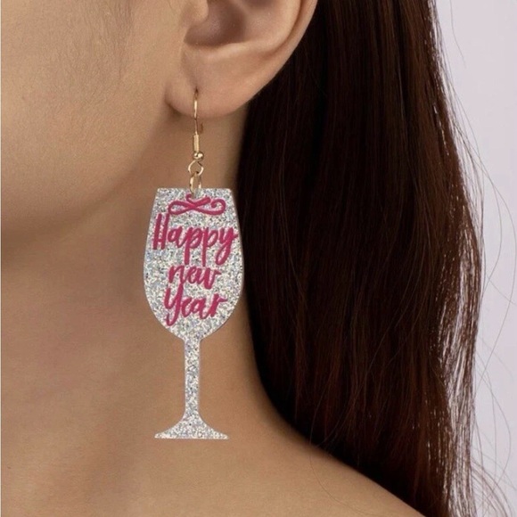 Glittery Silver 'Happy New Year' Wine Glass Earrings - Picture 3 of 4